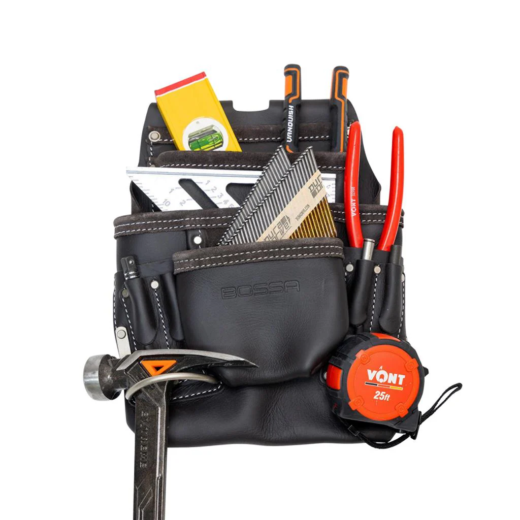 Bossa Top Grain Leather Nail and Tool Pouch with Hammer Loop and Tape Measure Clip - Image 2