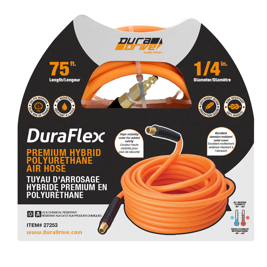 DuraDrive FO1475F 1/4 in. x 75 ft. Orange Hybrid Polyurethane Air Hose with Swivel Fitting - Image 6