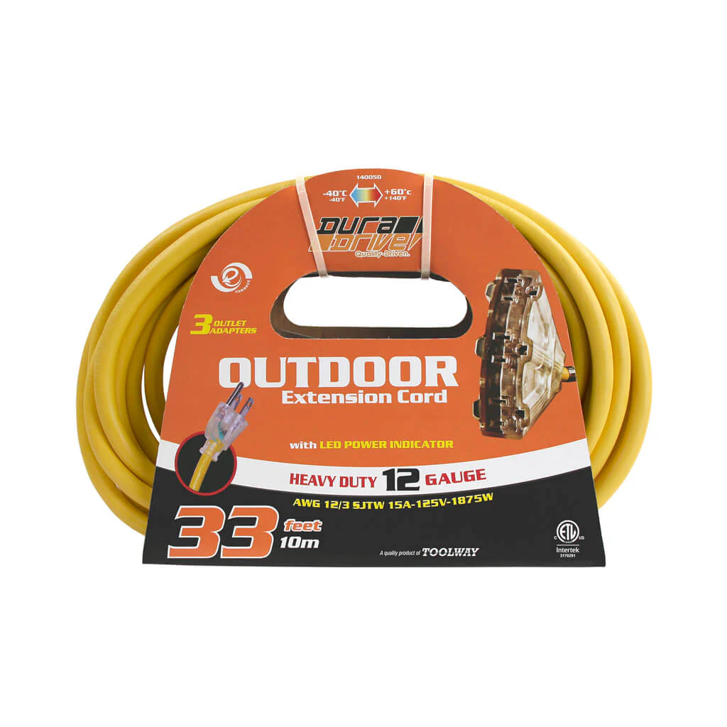 DuraDrive 33 ft. 12/3 SJTW Lighted Triple Tap Outdoor Extension Cord