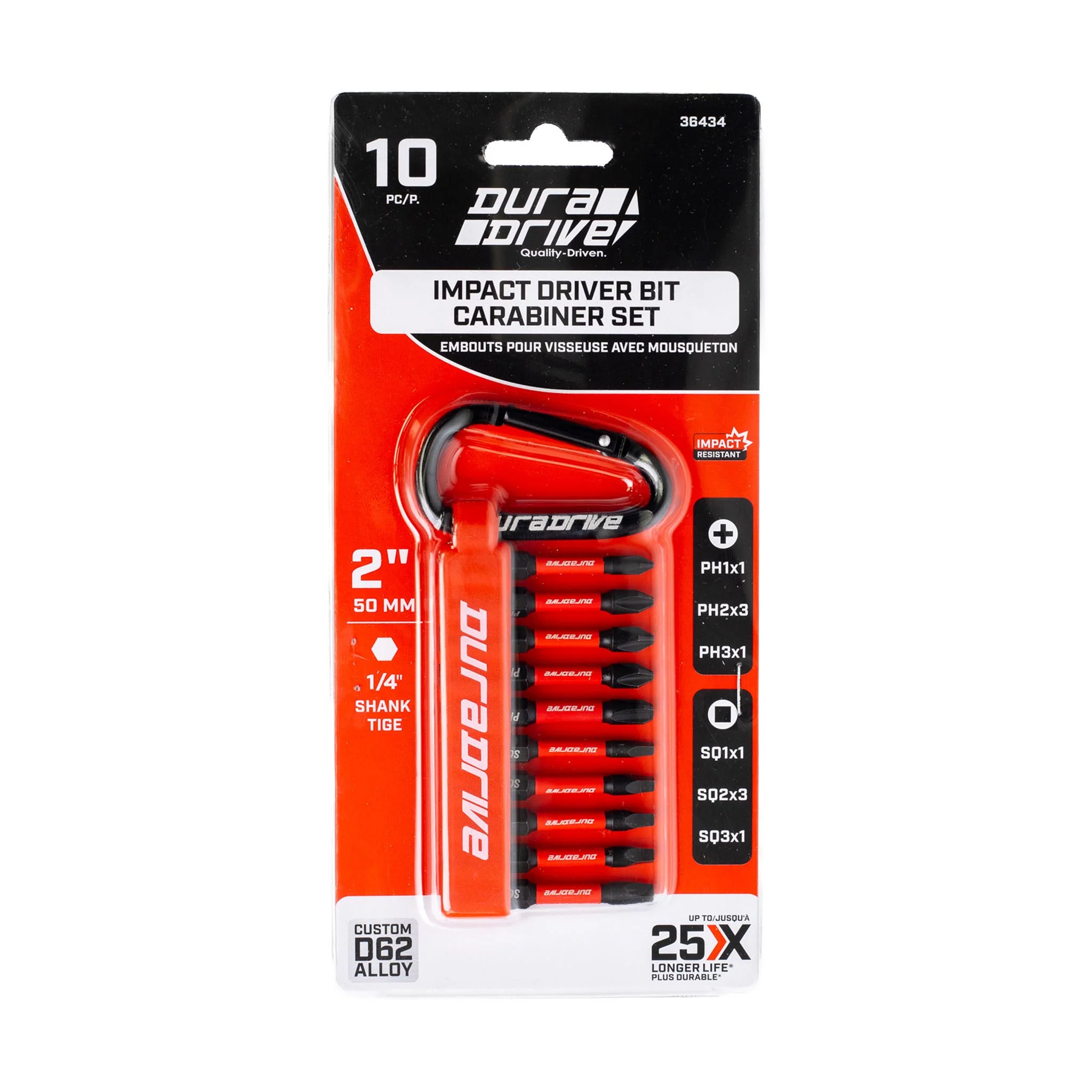 DuraDrive 2" PH1,2,3 & SQ1,2,3 Carabiner Impact Driver Bit Set (10-Pieces) - Image 2
