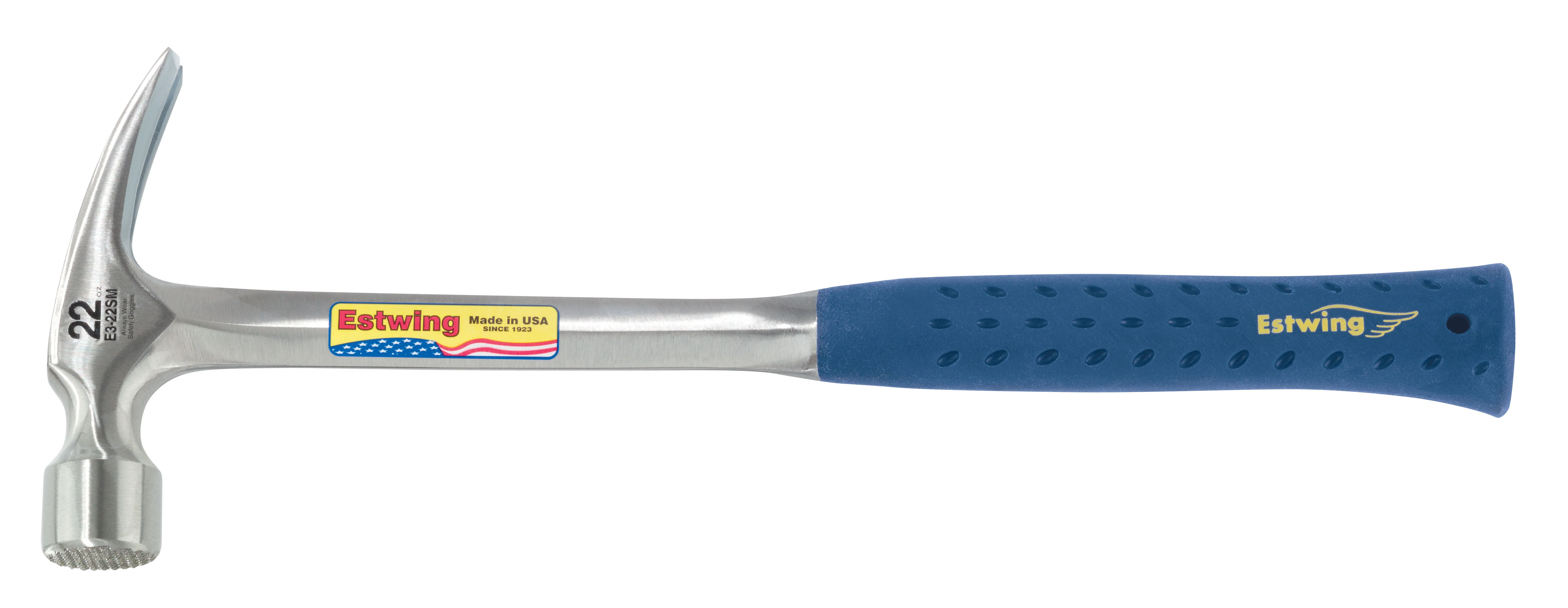 Estwing E3-22SM 22 oz. x 16 in. Milled Checkered Face BLUE SHOCK REDUCTION GRIP Solid Steel Straight Claw Framing Hammer - Image 2