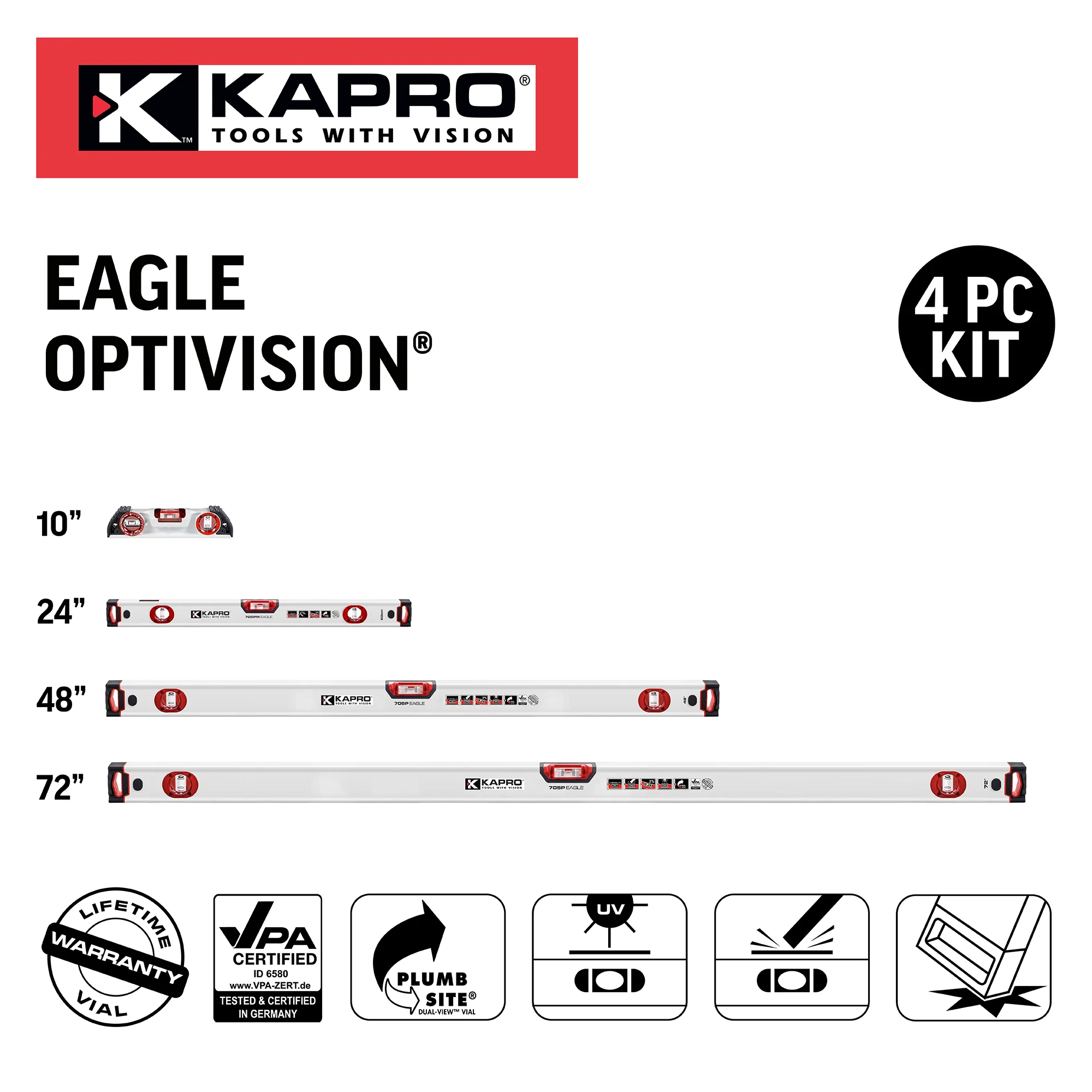 Kapro 10 in. Optivision Torpedo Eagle Box Level, 24 in., 48 in., 72in. 4 Piece Set