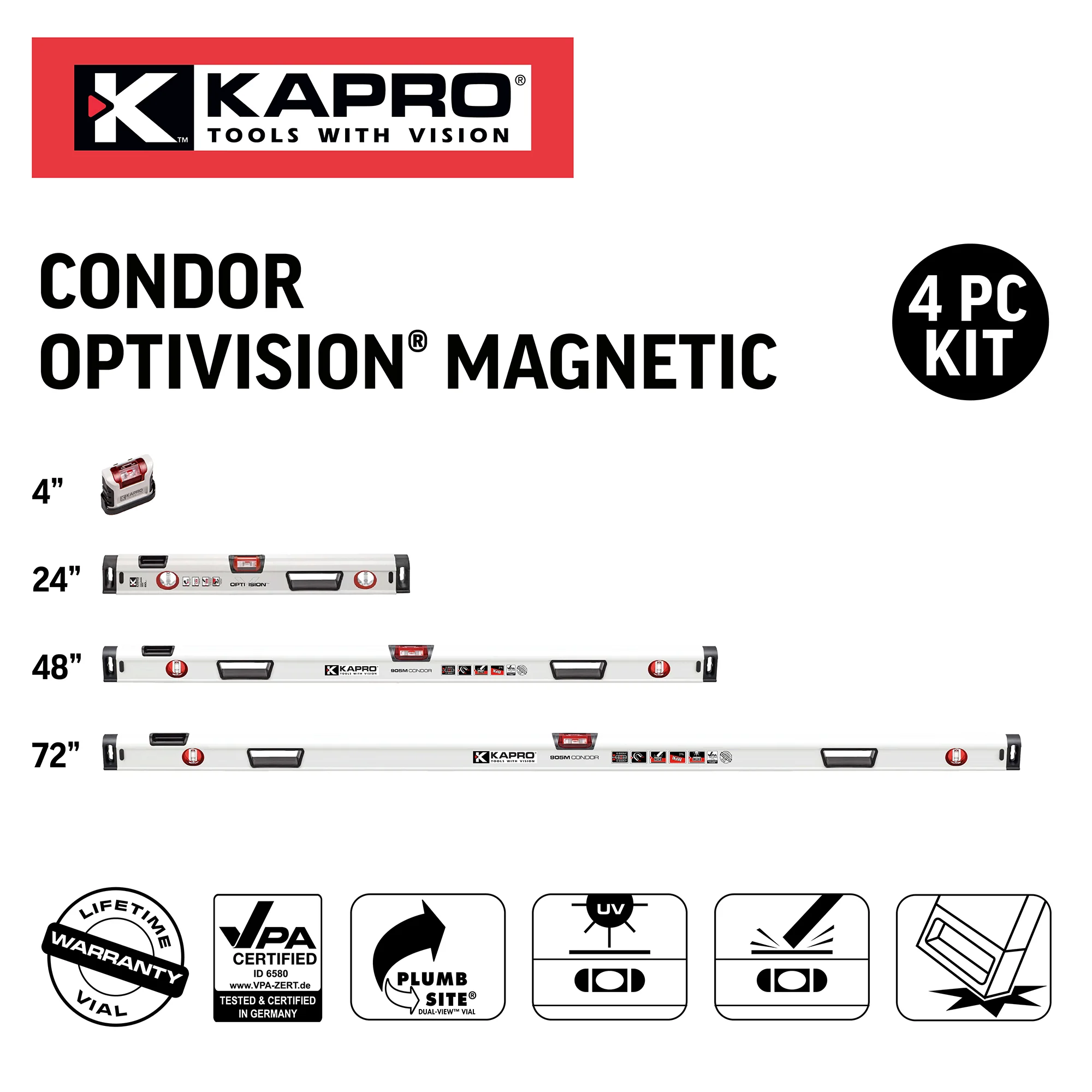 Kapro Optivision Box Level Set (4-Pieces) 4 in. / 24 in. / 48 in. / 72 in.
