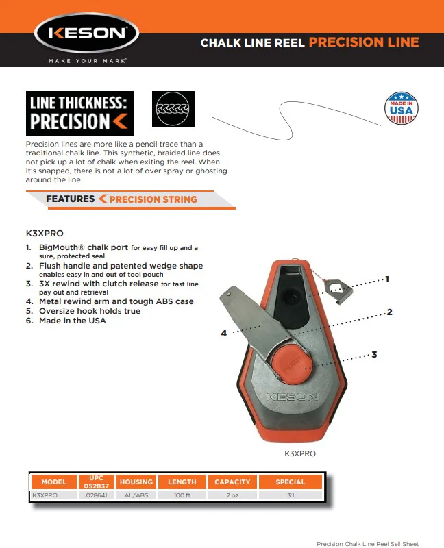 Keson K3XPRO Precision String Chalk Line Reel W/3X Rewind 100 ft. - Image 2