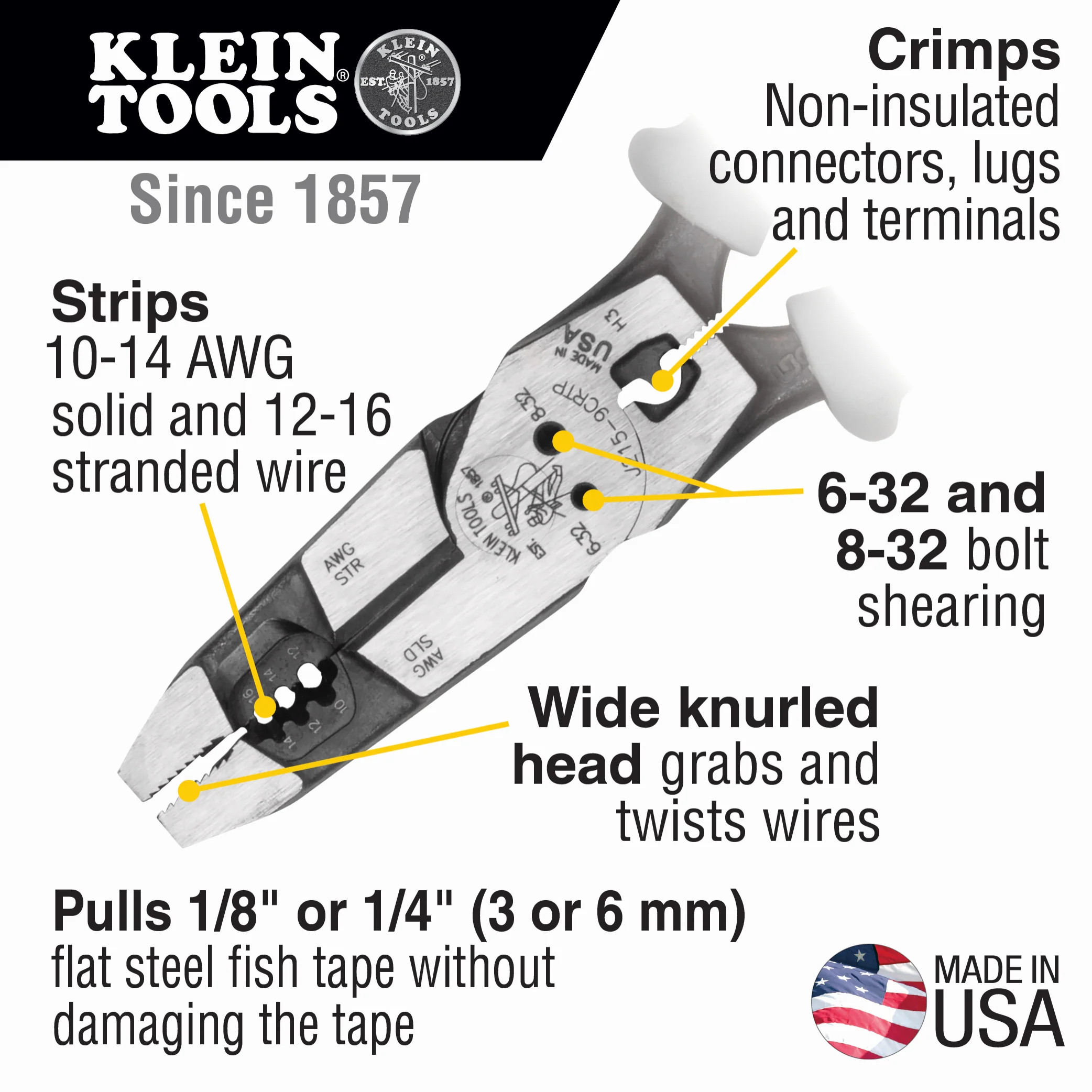 Klein J2159CRTP Hybrid Pliers w/Crimper Fish Tape Puller & Wire Stripper - Image 9