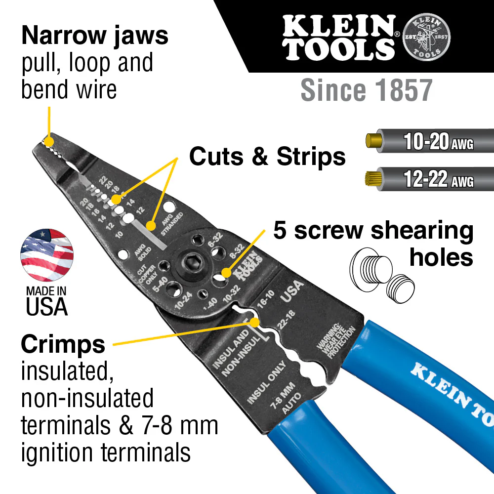 Klein 1010 Long Nose Wire Stripper/Wire Cutters/Crimp Tool - Image 4