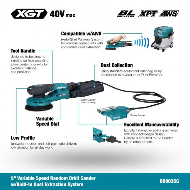 MAKITA
  BO003CGZ 40V Max XGT BL 5 in. Random Orbit Sander w/AWS, Tool Only - Image 13