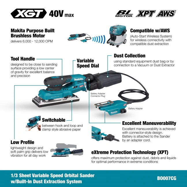 MAKITA
  BO007CGZ 40V Max XGT BL 1/3 Sheet Finishing Sander, w/AWS, Tool Only - Image 2