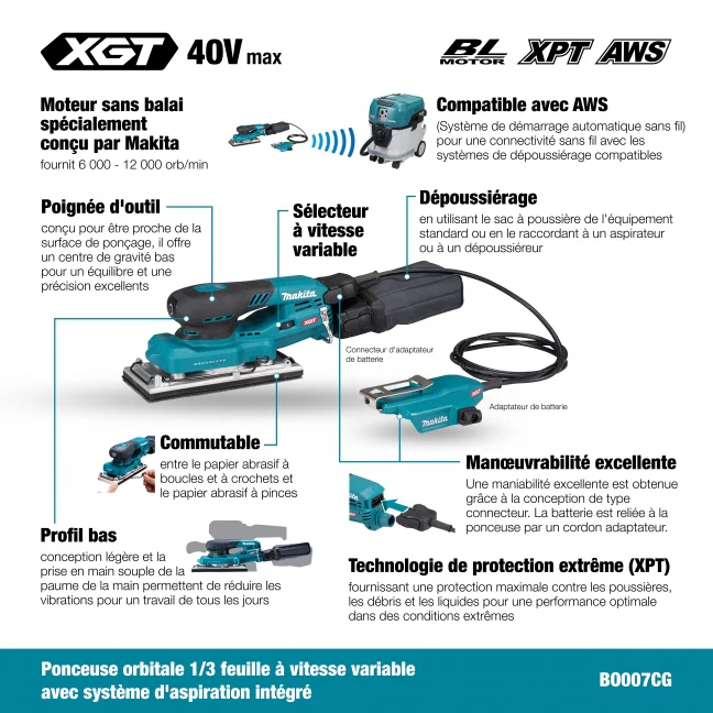 MAKITA
  BO007CGZ 40V Max XGT BL 1/3 Sheet Finishing Sander, w/AWS, Tool Only - Image 3