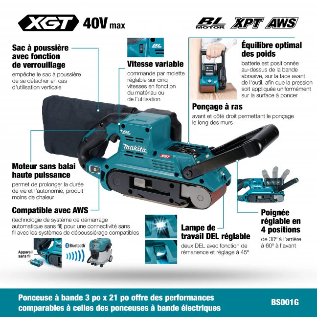 MAKITA BS001GZ 40Vmax XGT BL AWS 3 in. x 21 in. Belt Sander, Tool Only - Image 3