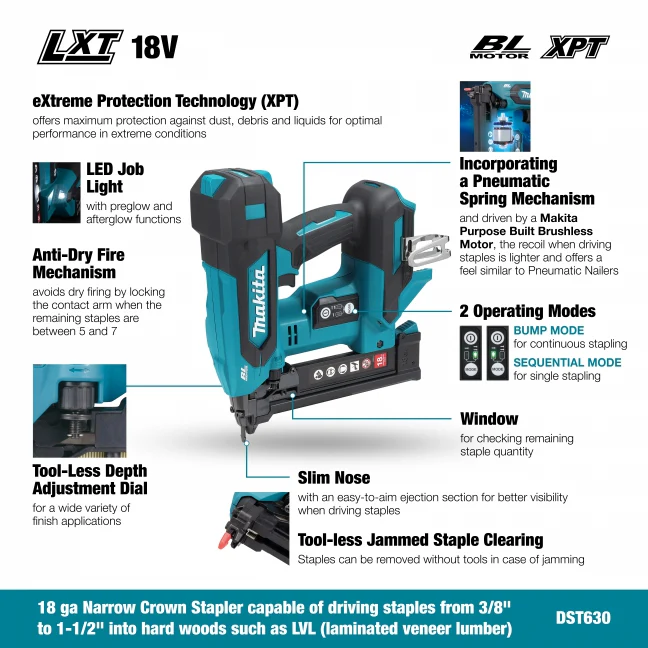 MAKITA DST630Z 18-Gauage x 1-1/2 In. Narrow Crown Stapler (Tool Only) - Image 2
