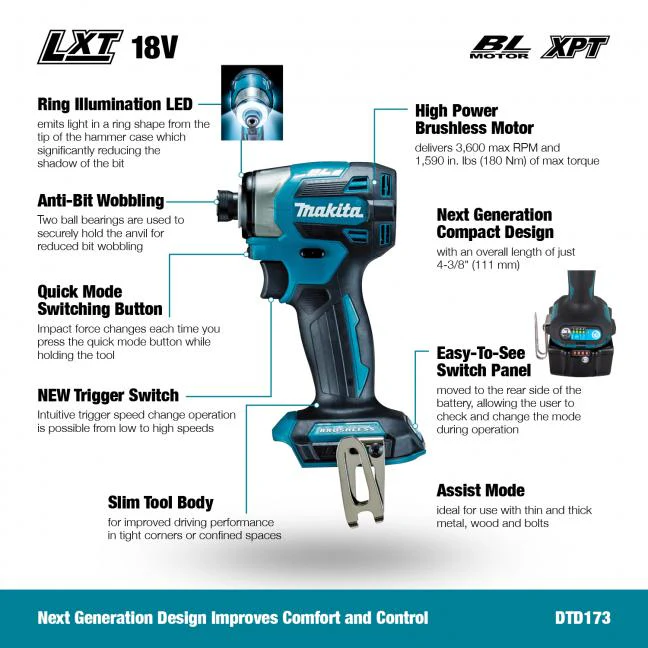 MAKITA DTD173Z 18V LXT Brushless 1/4 in. Impact Driver (Tool Only) - Image 2