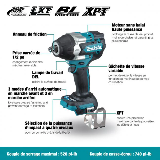 Makita DTW700XVZ 18V LXT Brushless 1/2 in. Impact Wrench with Friction Ring (Tool Only) - Image 11