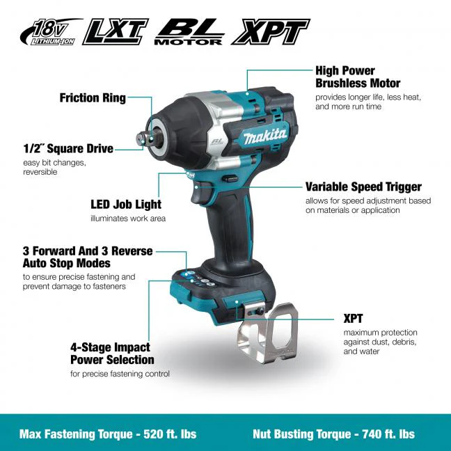 Makita DTW700XVZ 18V LXT Brushless 1/2 in. Impact Wrench with Friction Ring (Tool Only) - Image 12