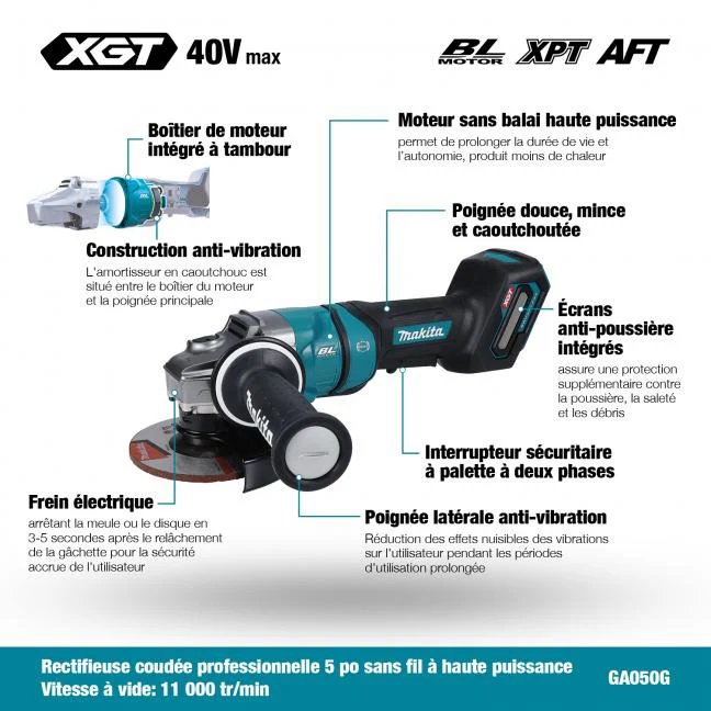 MAKITA GA050GZ 40V Max XGT BL
5 in. Angle Grinder w/Paddle Switch, Tool Only - Image 3