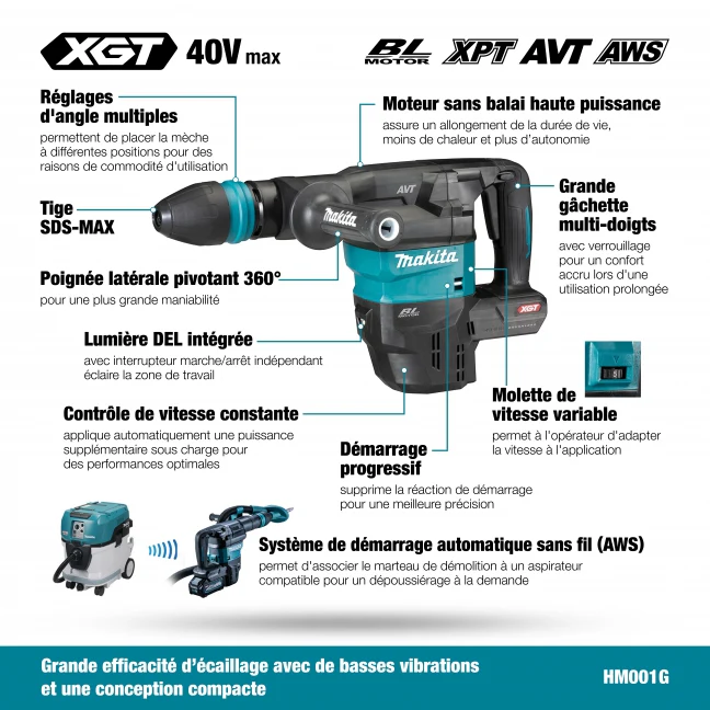 MAKITA HM001GZ 40V Max XGT BL 13
  lbs Demolition Hammer SDS-MAX w/AWS, Tool Only - Image 20