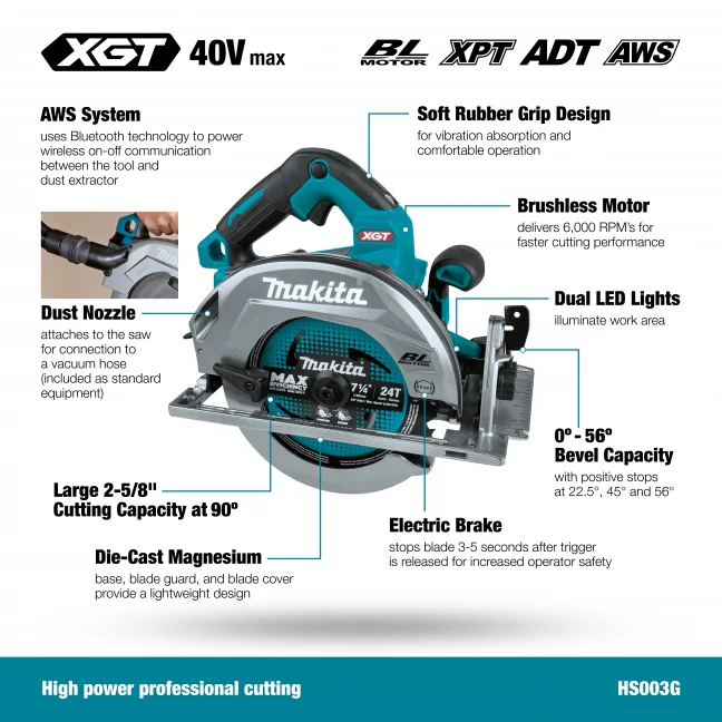 MAKITA HS003GZ 40V Max XGT BL
  7-1/4 in. Circular Saw w/AWS, Tool Only - Image 2