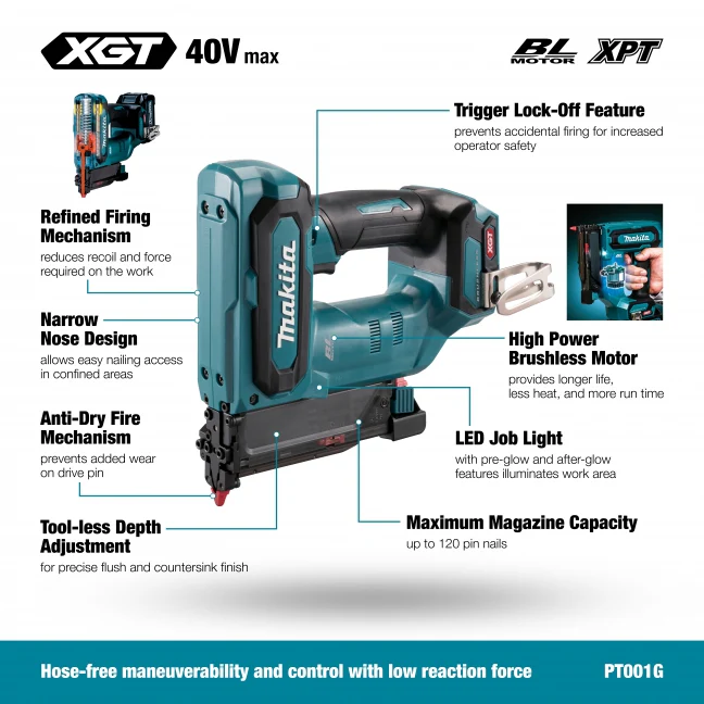 MAKITA
PT001GZ 40V Max XGT BL 1-3/8 in. 23 ga Pin Nailer, Tool Only - Image 2