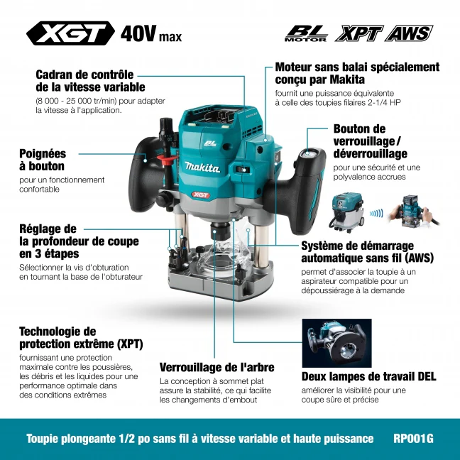 MAKITA RP001GZ01 40V Max XGT BL
1/2 in. Plunge Router w/AWS, Tool Only - Image 3