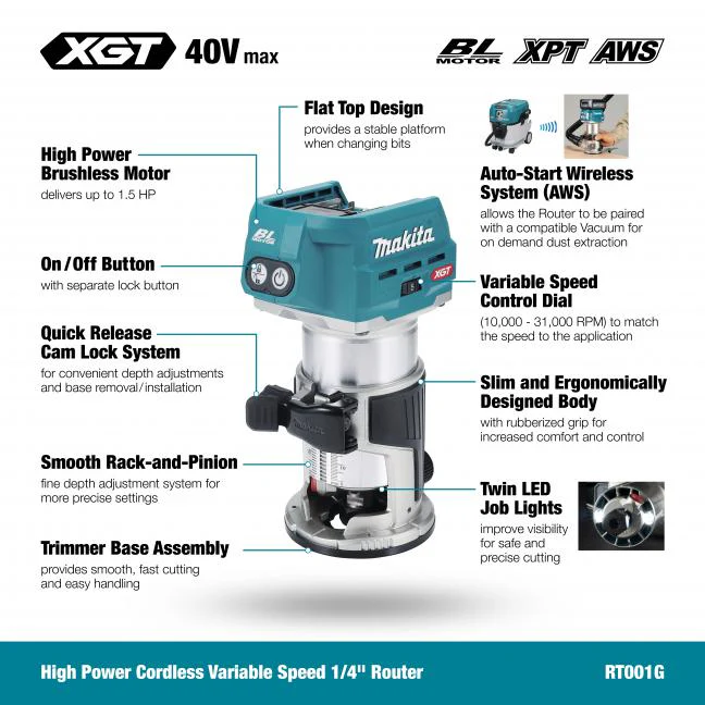 MAKITA
  RT001GZ01 40V Max XGT Brushless Router with AWS (Tool Only) - Image 11