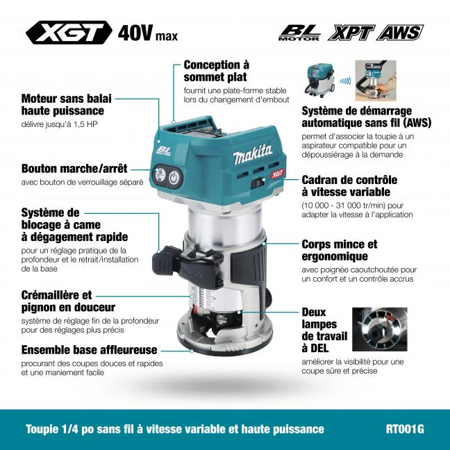 MAKITA
  RT001GZ01 40V Max XGT Brushless Router with AWS (Tool Only) - Image 12