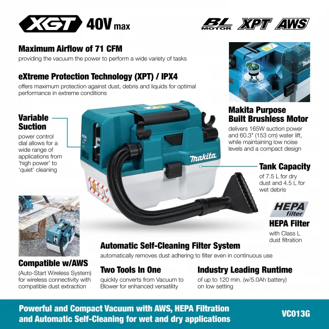 MAKITA
VC013GLZ01 40V Max XGT BL 7.5 L Wet/Dry Vacuum Cleaner, w/AWS, Tool Only - Image 2