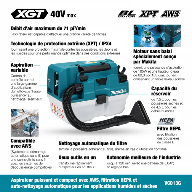 MAKITA
VC013GLZ01 40V Max XGT BL 7.5 L Wet/Dry Vacuum Cleaner, w/AWS, Tool Only - Image 3