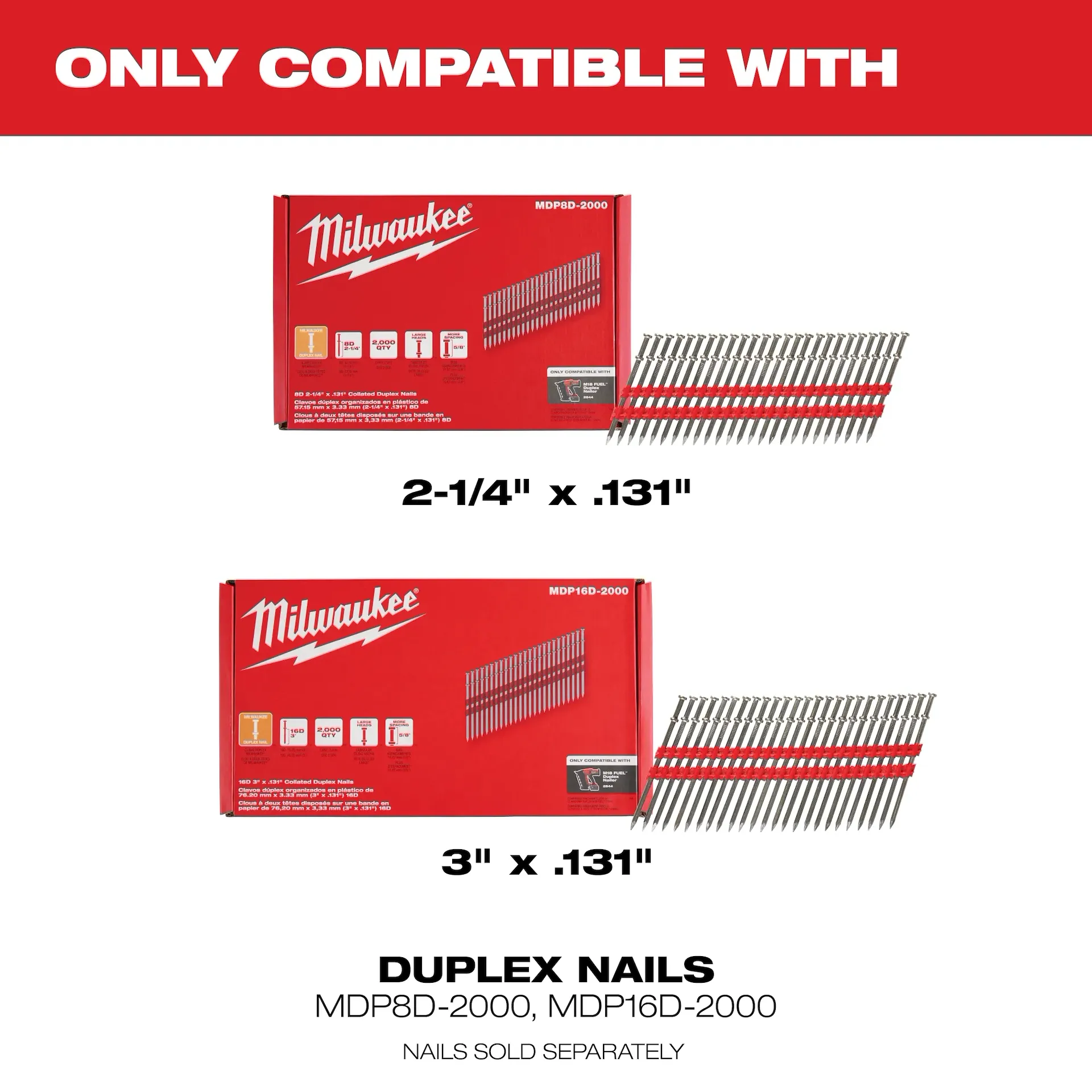 Milwaukee 2844-21 4 Nails/Second 800 Nails/Charge 2-7/8 in, 3-5/8 in, 0.131 in Cordless Duplex Nailer - Image 6