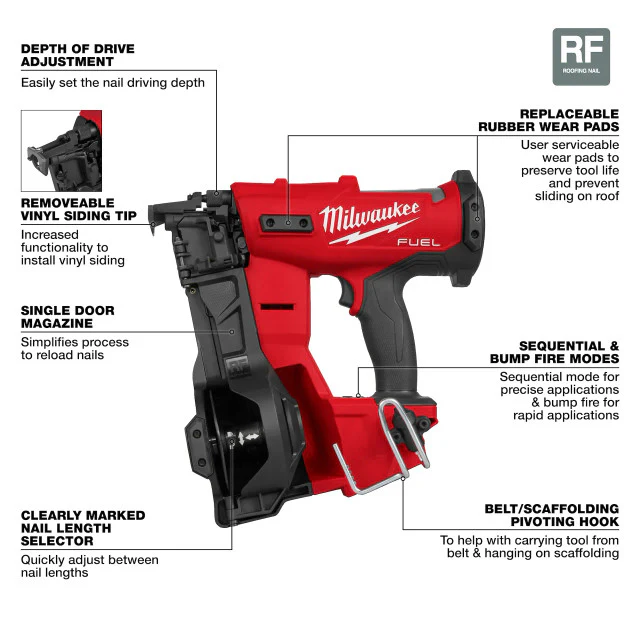 Milwaukee 2909-20 M18 FUEL Coil Roofing Nailer (Tool Only) - Image 3