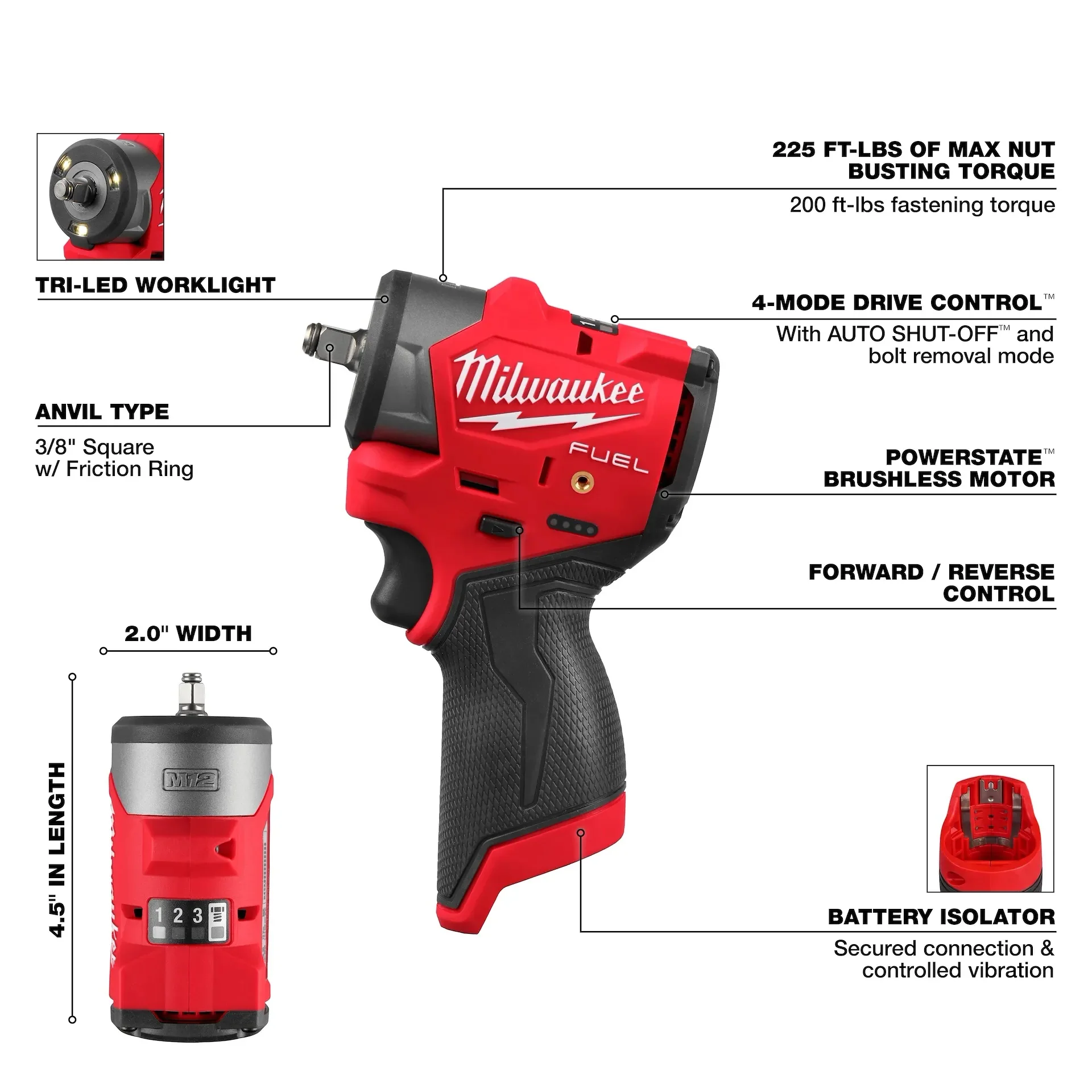 Milwaukee 3049-20 M12 FUEL 3/8in Sub-Compact Impact Wrench with Friction Ring (Tool Only) - Image 2