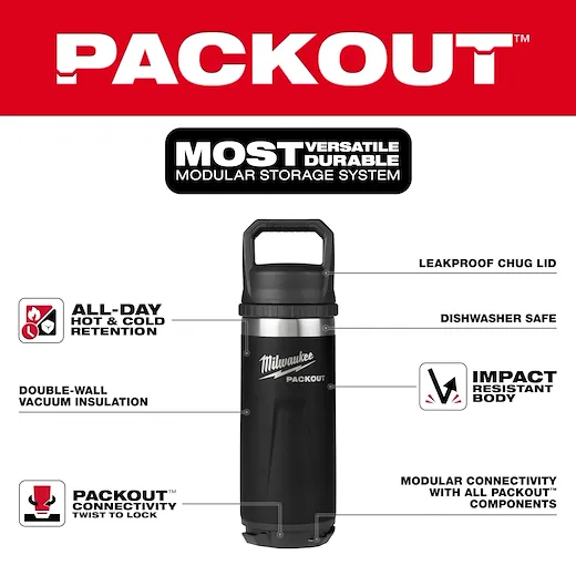 Milwaukee 48-22-8382B PACKOUT™ 18 oz 18/8 Stainless Steel Black Insulated Bottle with Chug Lid - Image 3