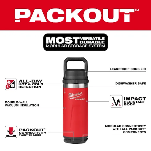 Milwaukee 48-22-8382R PACKOUT™ 18 oz 18/8 Stainless Steel Red Insulated Bottle with Chug Lid - Image 5