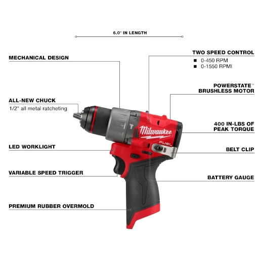 Milwaukee 3404-21 M12 FUEL 12-Volt Lithium-Ion Brushless Cordless 1/2 in Hammer Drill Kit 2.0Ah - Image 4