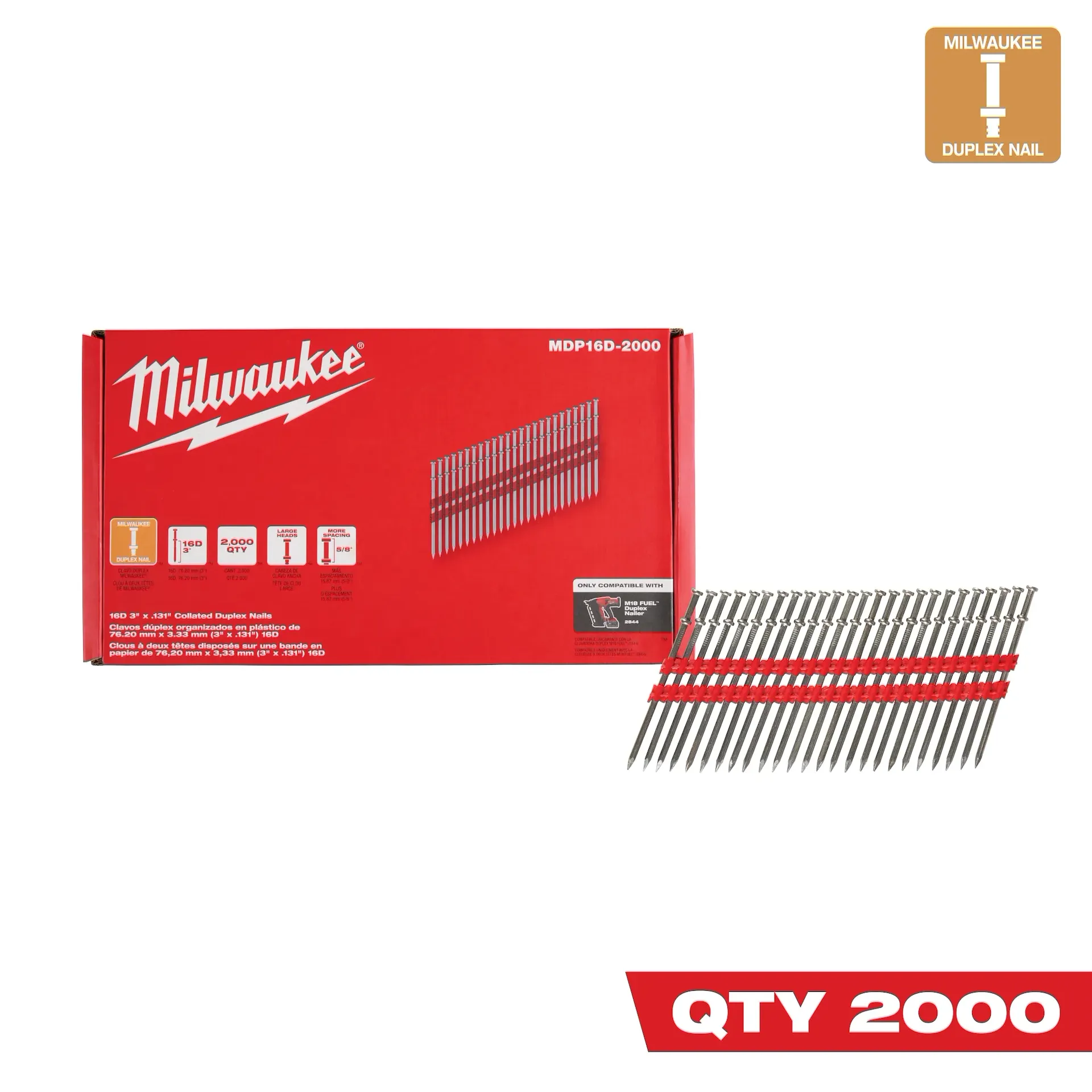 Milwaukee MDP16D-2000 3 in (Drivable) 3-5/8 in (Total) Steel Bright Duplex Nails - 2000/Pack - Image 2