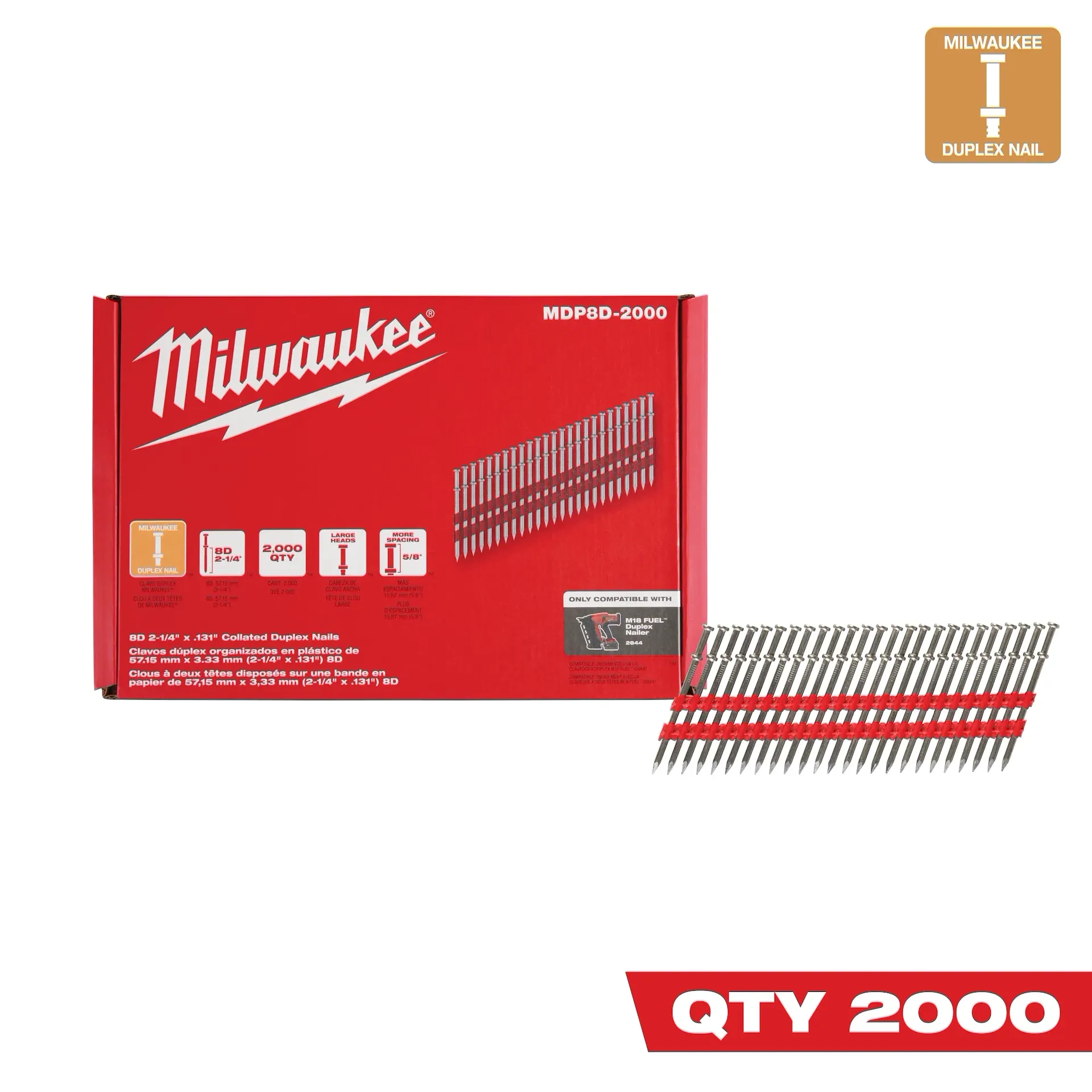 Milwaukee MDP8D-2000 2-1/4 in (Drivable) 2-7/8 in (Total) Steel Bright Collated Duplex Nails - 2000/ - Image 3
