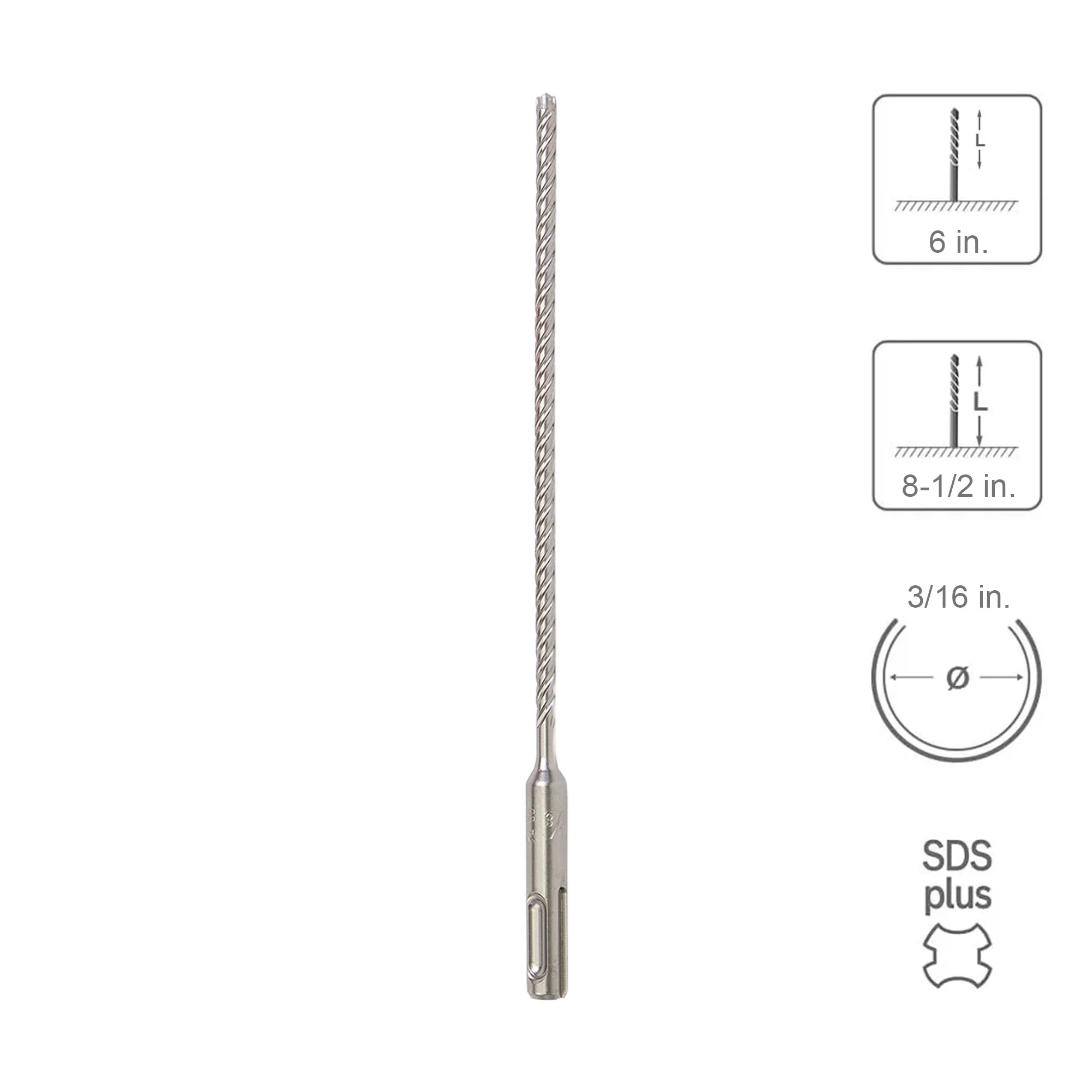 SABERCUT 3/16 In. x 6 In. x 8-1/2 In. 4-Cutter Premium Full Head Carbide SDS Plus Drill Bit