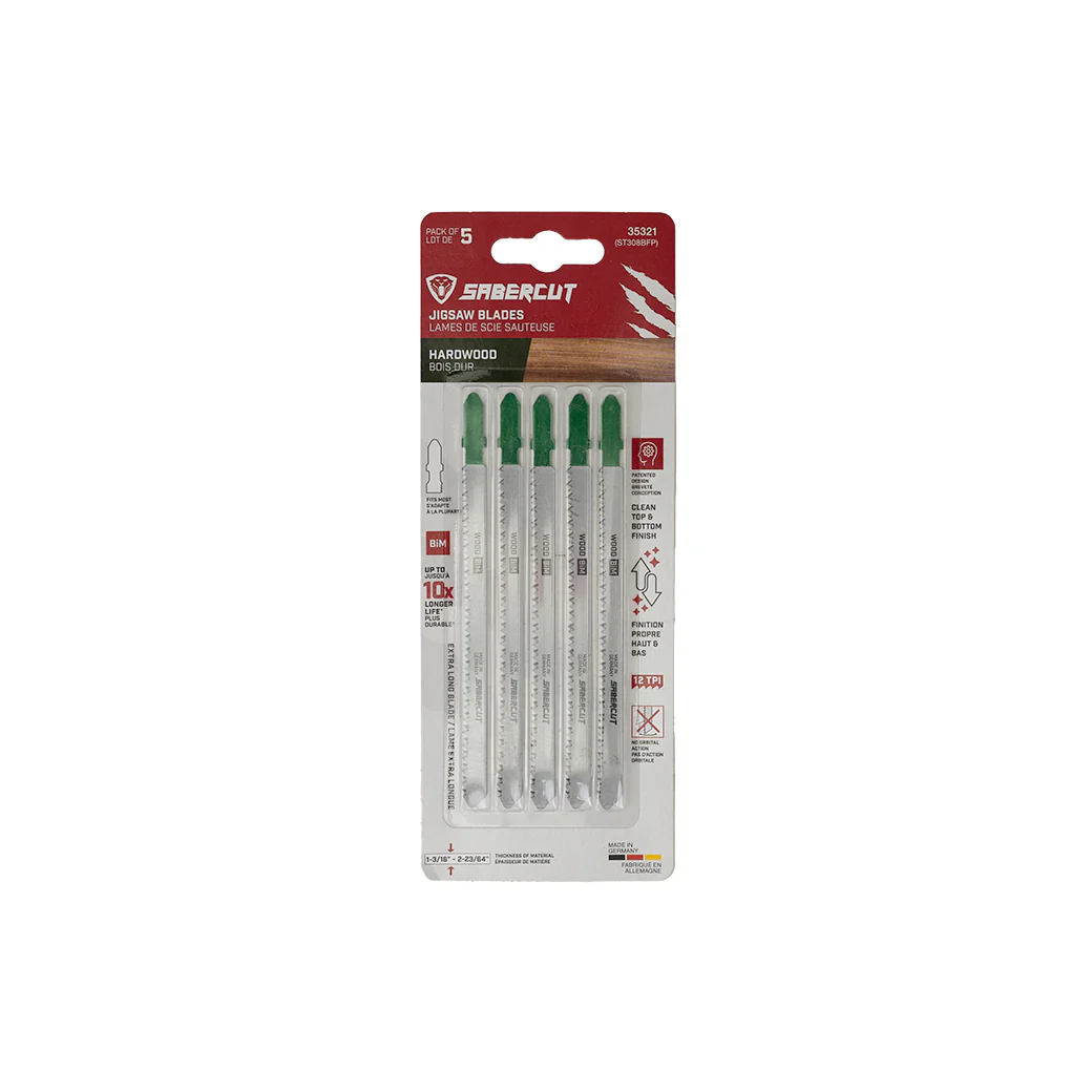 Sabercut 5 in. x 12TPI Bi-Metal T-Shank Jigsaw Blade for Ultra-Clean Top & Bottom Cuts on Wood (5-Pack) - Image 2